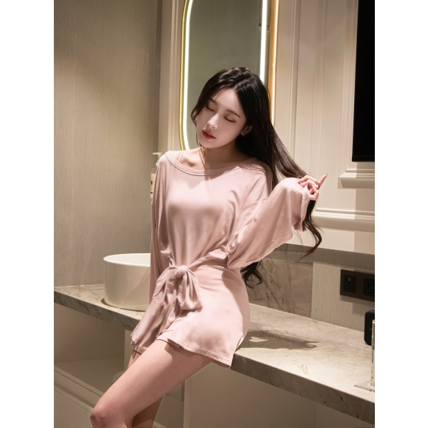 日暮慵懶綁帶垂墜衫-粉暮紫