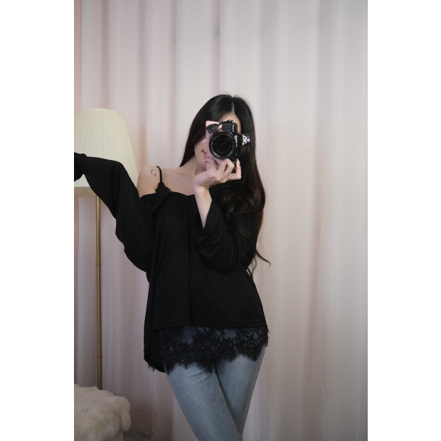 奶霜微甜蕾絲吊帶-黑