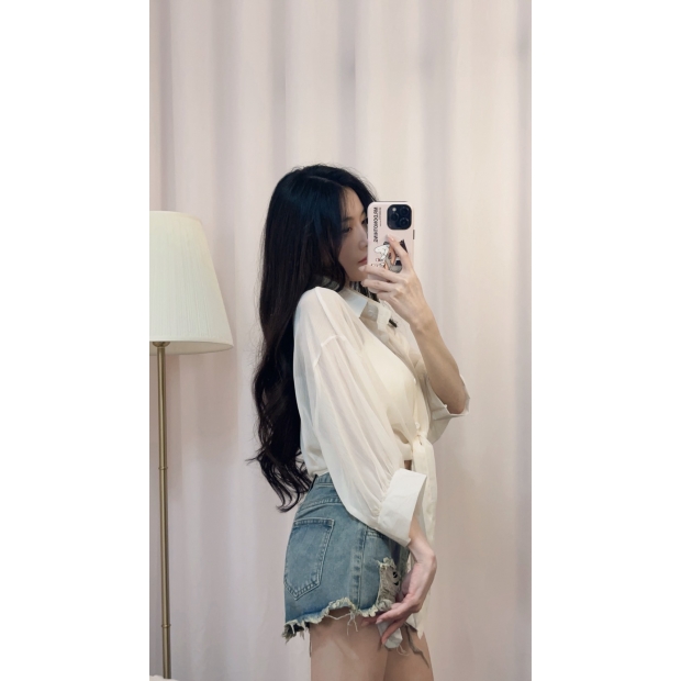 漫光綁帶壓紋雪紡罩衫