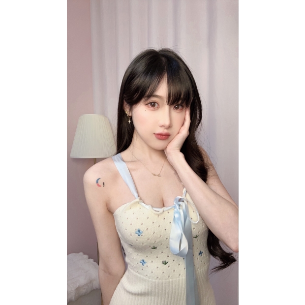 小花花緞帶針織裙-藍