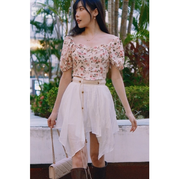 微風不規則棉麻短裙-白