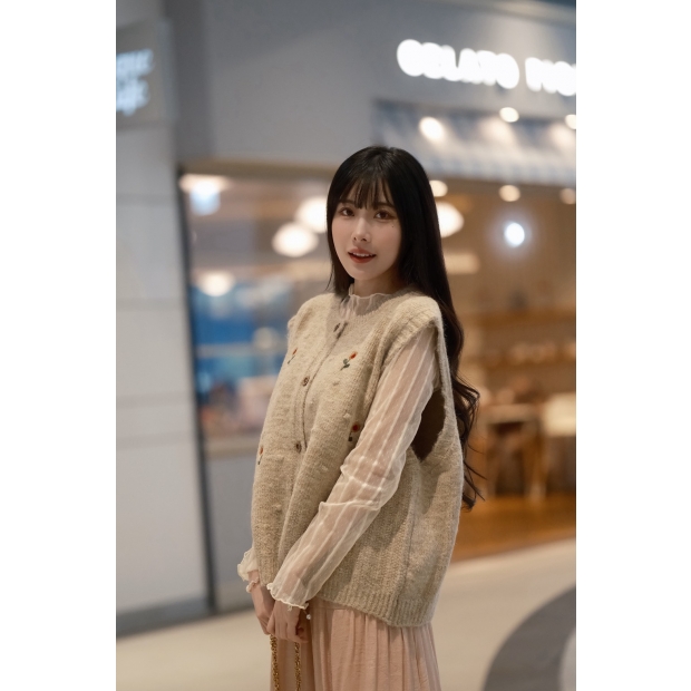 早秋日系提花圓領毛球針織背心