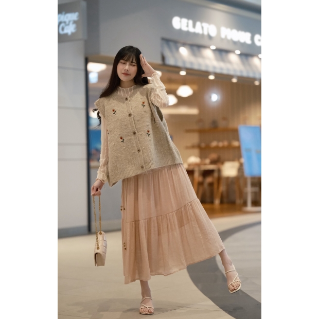 早秋日系提花圓領毛球針織背心