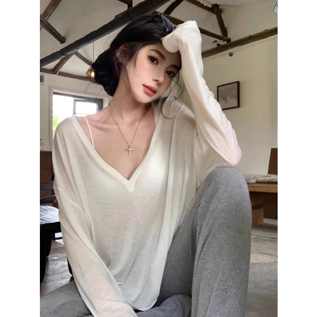 微透慵懶V領長袖